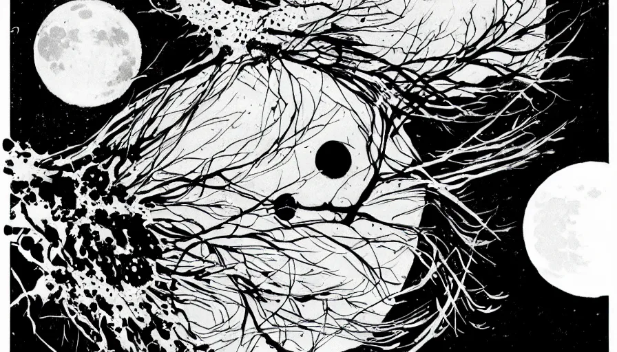 Image similar to full moon, style of shuzo oshimi, black outline, on white, smooth, thin sharp lines, detailed