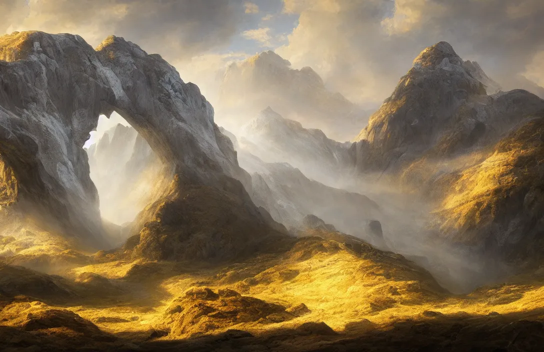 Prompt: a huge arc of a mountain far away in a hans - werner sahm inspired landscape, detailed dreamscape, hyperreal phantastic landscape, golden ratio, high aestehtic, waterfall cascades, cinematic light dramatic light, trending on artstation