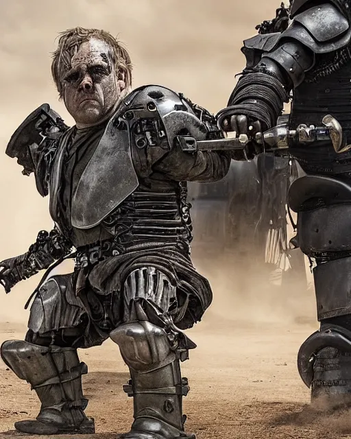 Image similar to a legless dwarf named master is strapped to the back of a mindless armored warrior called blaster, whom he rides like a horse. together they are known as master blaster. in the style of mad max beyond the thunderdome and director george miller, cinematic