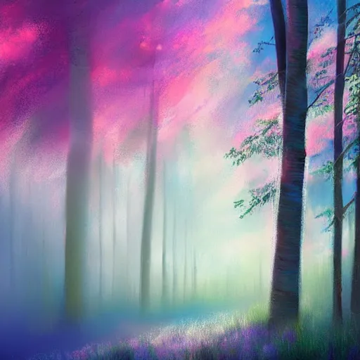 Prompt: inspirational landscape painting soft pastel colors blue pink white sky with white pink blue ground forest, art station, volumetric lighting