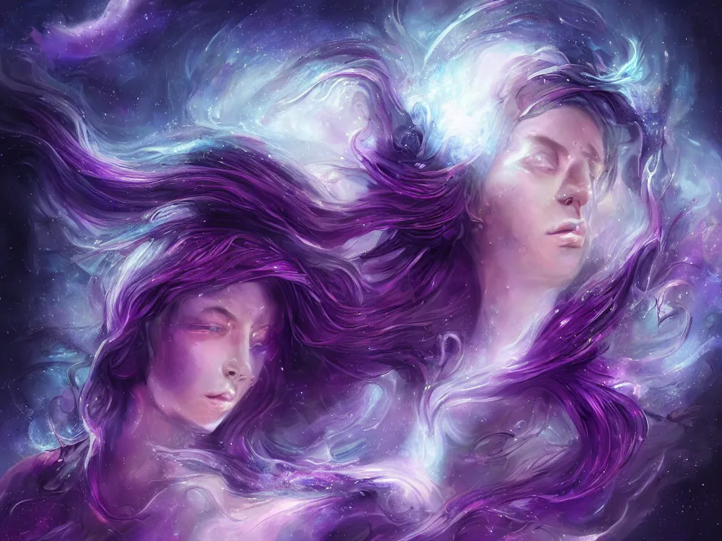 Image similar to epic portrait an beautiful nebulae goddess with purple long flowing hair and purple glowing eyes, sweaty skin, beautiful face, blurry lighting strike space backround, digital painting, artstation, concept art, soft light, hdri, smooth, sharp focus, illustration, fantasy, intricate, elegant, highly detailed, D&D, matte painting, in the style of Greg Rutkowski and Alphonse Mucha and artemisia, 8k, highly detailed, jurgens, rutkowski, bouguereau, pastoral, rustic, georgic, detailed concept art, illustration, colorful pastel, painting, detail, ultra detailed, digital art, 4K,