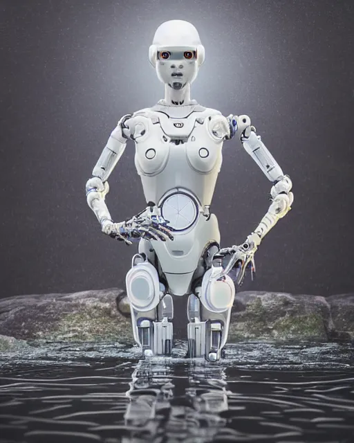 Image similar to beautiful centered fine art photo portrait of hoyeon jung as a solarpunk robotic humanoid, white mechanical parts with bright halogen lights, walking in shallow water, ultra - realistic and detailed, white background, natural lighting, soft focus, slow exposure hdr 8 k