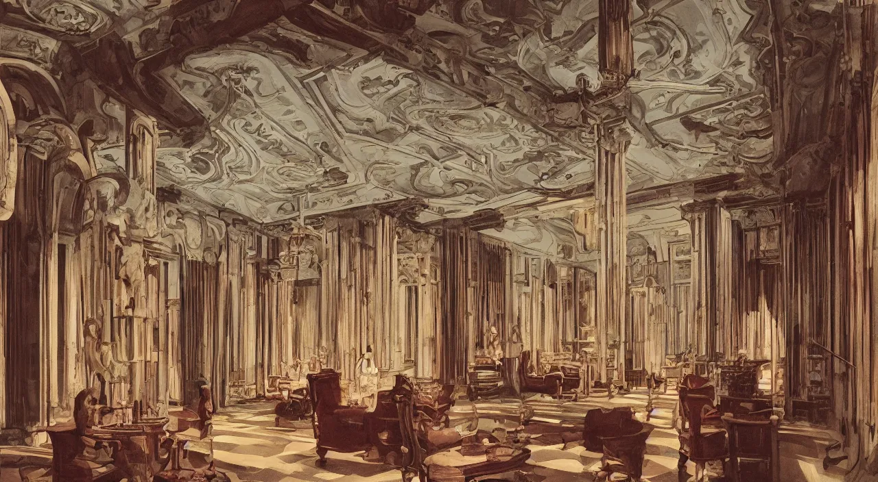 Image similar to inside a baroque frame. chiaroscuro gouache by james gurney. enlightenment salon architecture designed by frank lloyd wright. composed by directory kubrick ( 1 9 6 2 )