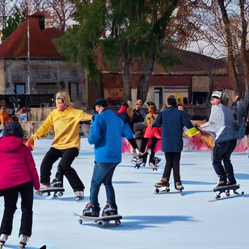 Image similar to people skating on melted cheese