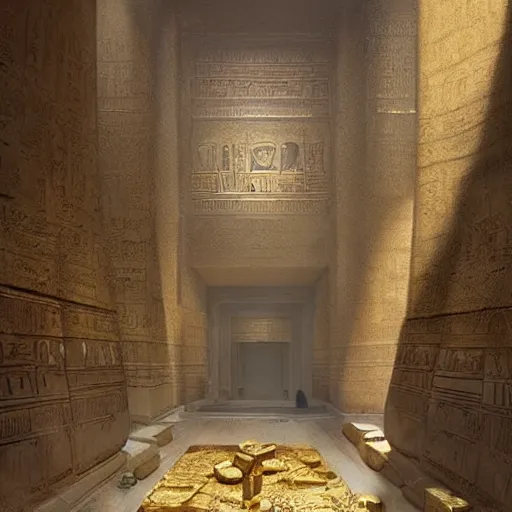 Prompt: an ancient egyptian treasure room entirely made of gold, concept art, architecture design, pyramids, art by greg rutkowski