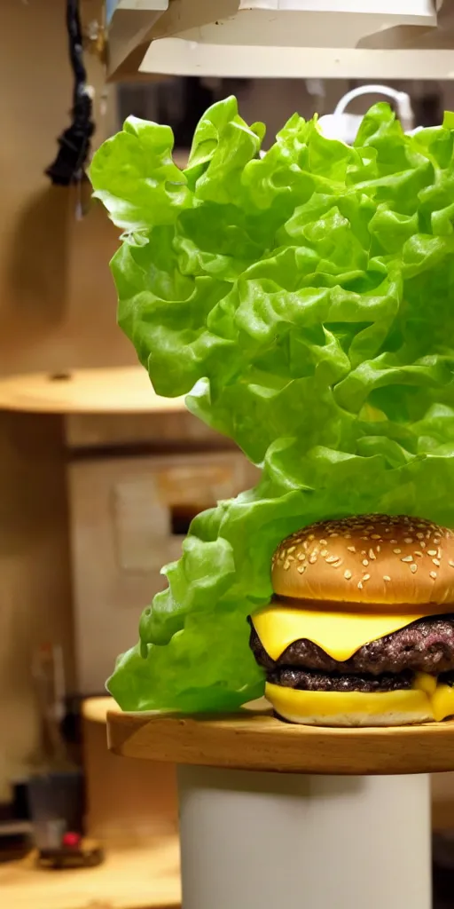 Image similar to a lab - grown cheese burger, growing right out of a hydroponic vine, amazing cheeseburger science garden