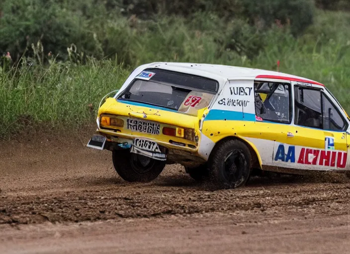 Prompt: photo of a Reliant Robin doing 120 km/h on a dirt road, rally race