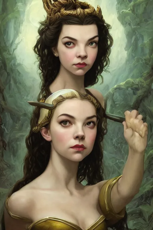 Image similar to A fantasy comic book style portrait painting of Anya Taylor-Joy, hybrid, Natalie Wood, as an Atlantean Reptilian Warrior, François Boucher, Oil Painting, Mystical Valkyrie, unreal 5, DAZ, hyperrealistic, octane render, Regal, Refined, Detailed Digital Art, RPG portrait, William-Adolphe Bouguereau, Michael Cheval, Walt Disney (1937), Steampunk, dynamic lighting, Highly Detailed, Cinematic Lighting, Unreal Engine, 8k, HD