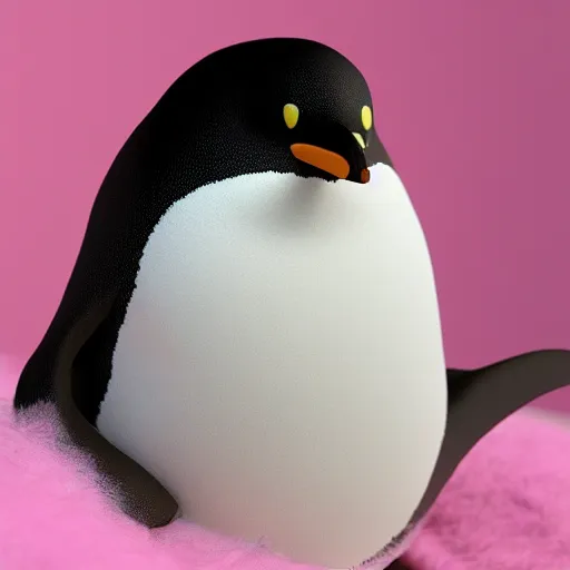 Image similar to one realistic penguin sitting in a pink fluffy bed, hyper detailed, trending on artstation