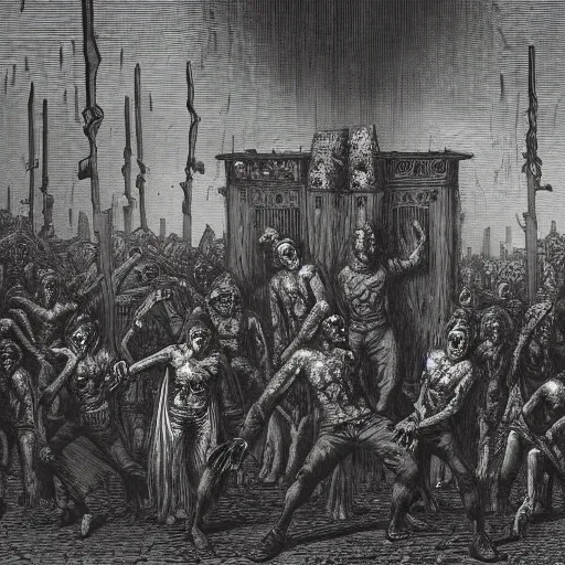 Image similar to zombies, nine steel barrels in a graveyard, creepy atmosphere, dark, realistic, illustration by gustave dore