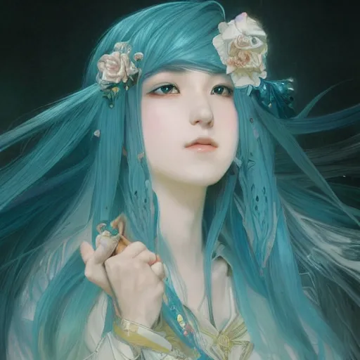 Image similar to a beautiful portrait of hatsune miku as a wizard, fantasy, intricate, elegant, highly detailed, digital painting, artstation, concept art, matte, sharp focus, illustration, art by greg rutkowski and alphonse mucha