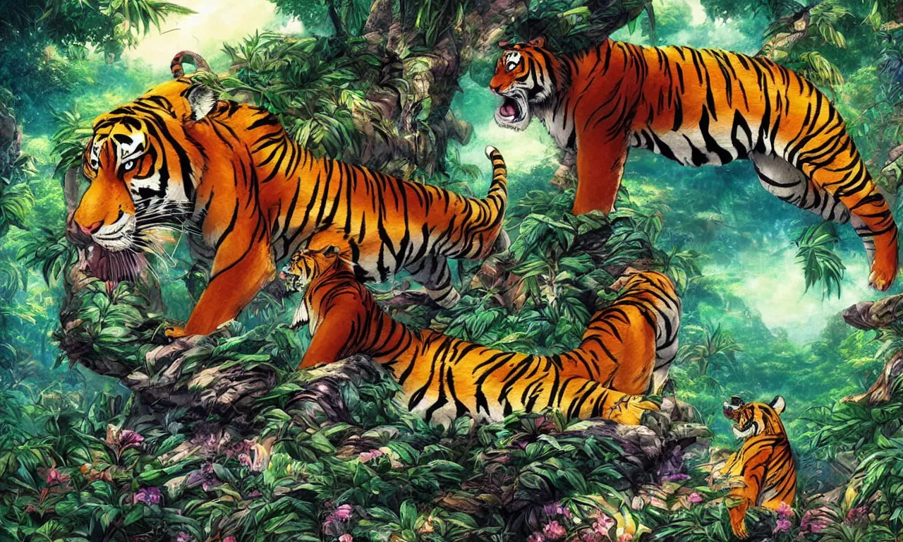 Prompt: a beautiful digital colorful illustration of a fierce tiger in jungle by studio ghibli, makoto shinkai and thomas kinkade