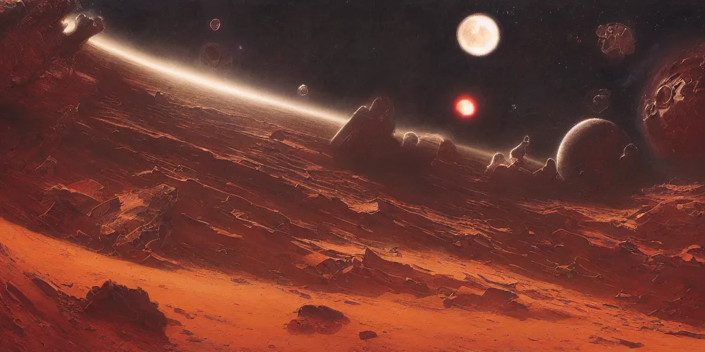 Image similar to supernova, neo brutalism space station, people wandering in the red desert, scarlet moon, dark atmosphere, tragedy, terror, stars, painted by steve mccurry, ruan jia, raymond swanland, lawrence alma tadema, zdzislaw beksinski, norman rockwell, jack kirby, tom lovell, alex malveda, greg staples