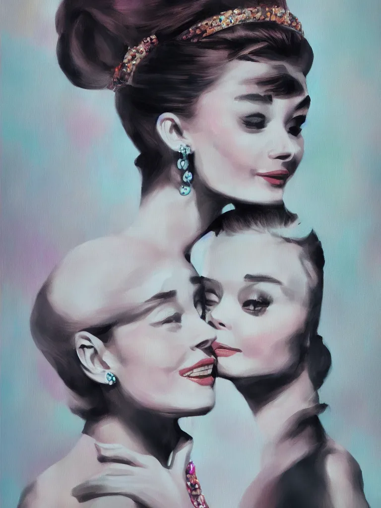 Image similar to a portrait of Audrey Hepburn from Breakfast at Tiffanys, glamorous setting, vivid colors, soft lighting, atmospheric, cinematic, moody, in the style of Ross Tran, oil on canvas, 8k