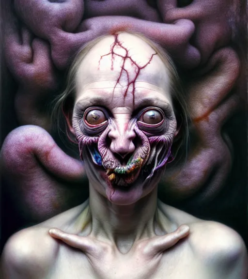 Prompt: portrait, stranger psycho by michael page, alyssa monks, julie heffernan, glenn brown, naoto hattori, brian froud, nicola samori, paolo roversi, kilart, 8 k, hyper detailed.