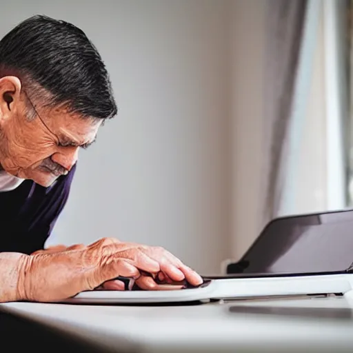 Image similar to casket with elderly man who is browsing internet on laptop from a casket