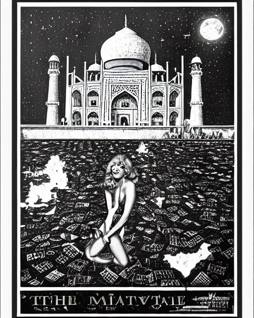 Prompt: tuesday weld visits the taj mahal by virgil finlay