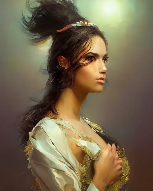 Image similar to Pride as a beautiful latino princess, gorgeous, portrait, powerful, intricate, beautiful, masterpiece, elegant, volumetric lighting, back lighting, rimlight, dramatic lighting, digital painting, highly detailed, artstation, sharp focus, illustration, Artgerm, Jean-Léon Gérôme , ruan jia