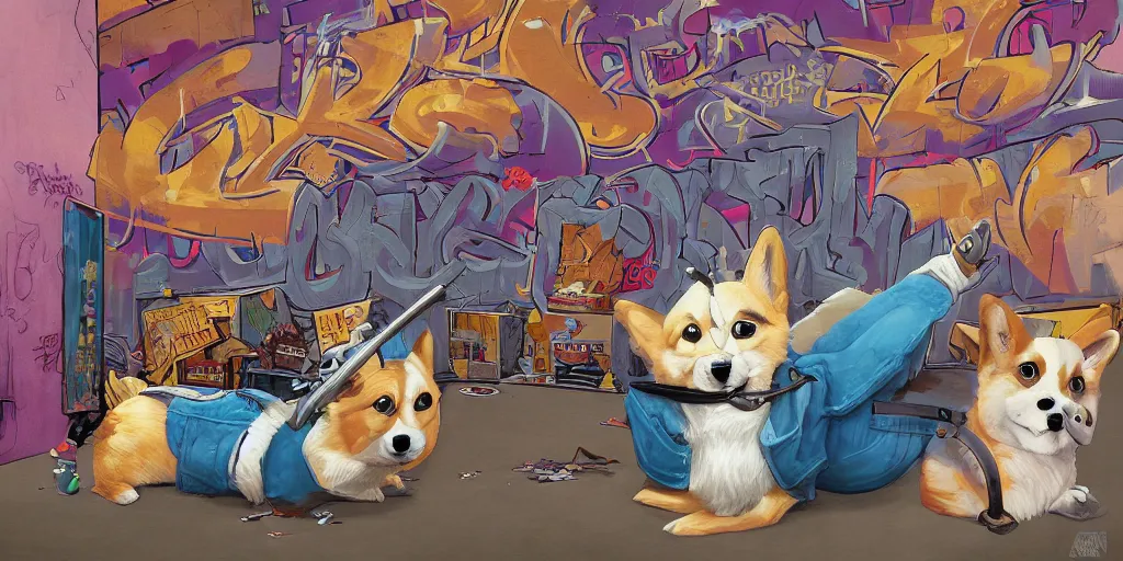 Prompt: beautiful painting scene of a Lofi hiphop corgi assassin king, by Adam Paquette, Aggi Erguna, Alan Moore. trending on Artstation, 8k, masterpiece, graffiti paint, fine detail, full of color, intricate detail, golden ratio illustration