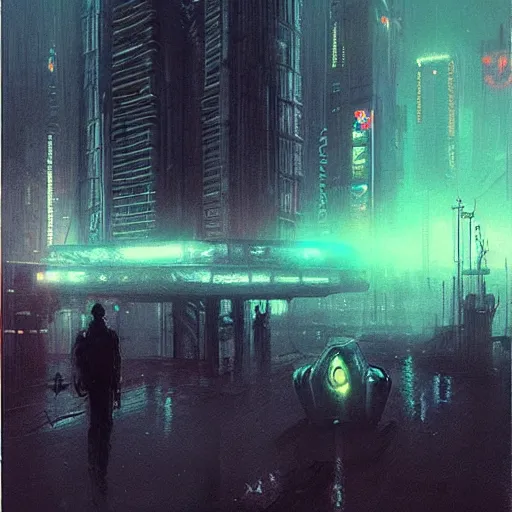 Image similar to cyberpunk cityscape, neon lights and heavy fog, flying cars, dark atmosphere, beksinski, jeremy mann, 1 9 7 0 s star wars style, detailed