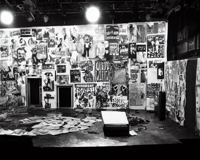 Prompt: paper mache diorama of a stage at a club, punk fanzine cut outs, centered, by Terry Richardson, 8k, concert documentary, b&w photography, cinematography by Jim Jarmusch