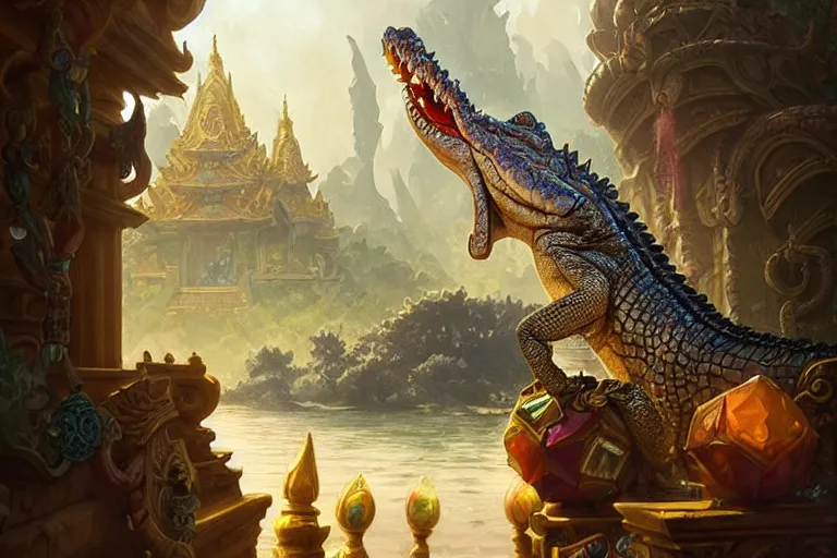 Image similar to crocodile god temple adorned with gemstones and treasures, deep focus, d & d, fantasy, intricate, elegant, highly detailed, digital painting, artstation, concept art, matte, sharp focus, illustration, hearthstone, art by artgerm and greg rutkowski and alphonse mucha