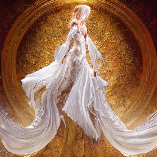 Image similar to a beautiful woman wearing a white dress made of silk with golden ornaments and diamonds jewelry by alex gray and android jones , Karol Bak, Ayami Kojima, Amano , concept art, character design, fantasy,3D, 8k resolution