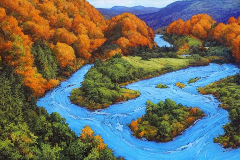 Prompt: two rivers converge to form one larger river, appalachian mixed mesophytic forest, vibrant blue sky background, by Cortes Thurman the greatest Barbizon-influenced concept artist ever known and by Joe Jusko, rendered in hyperdetailed Ultra HD, trending on ArtStation, tenebrous gouache on cedar plank