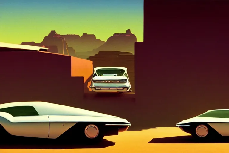 Image similar to a cinematic matte painting of a sleek 1 9 6 0 s vaporwave retro - futurism sci - fi car in a cluttered garage in the american southwest. cactus. by eric lafforgue, glennray tutor and edward hopper, greg rutkowski. trending on artstation.