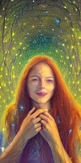 Image similar to infp young woman, smiling, amazed by golden fireflies lights, sitting in the midst of nature fully covered, long loose red hair, intricate linework, green eyes, small nose with freckles, oval shape face, realistic, expressive emotions, dramatic lights mystical scene, hyper realistic ultrafine art by michael cheval, jessica rossier, boris vallejo