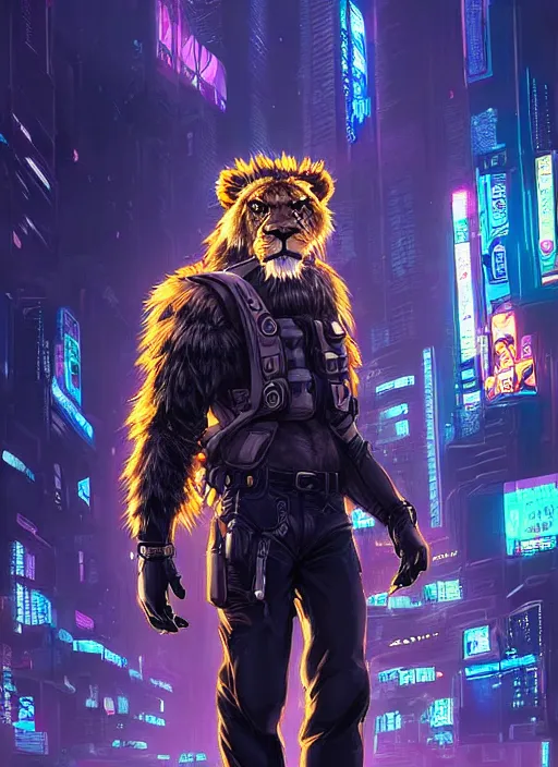 Prompt: beautiful portrait commission of a male furry anthro lion wearing a bullet proof vest and cargo pants. Cyberpunk city at night in the rain. Neon light. Atmospheric. Character design by charlie bowater, ross tran, artgerm, and makoto shinkai, detailed, inked, western comic book art