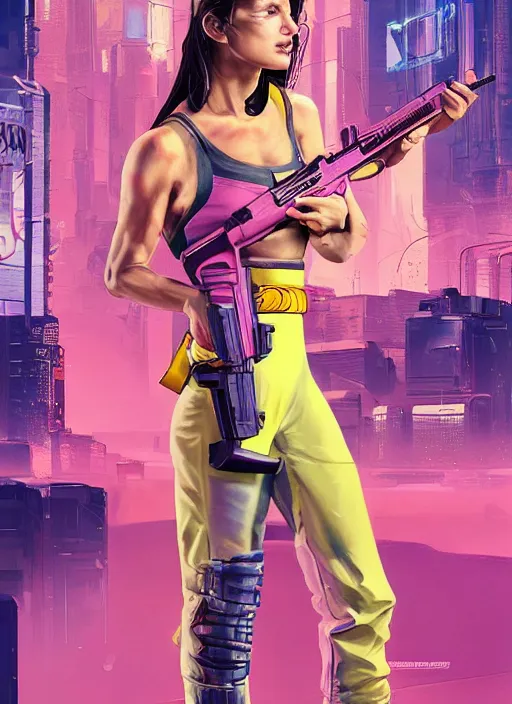 Prompt: beautiful cyberpunk female athlete wearing pink jumpsuit and firing a futuristic yellow belt fed automatic pistol. ad poster for pistol. cyberpunk poster by james gurney, azamat khairov, and alphonso mucha. artstationhq. gorgeous face. painting with vivid color, cell shading. ( rb 6 s, cyberpunk 2 0 7 7 )