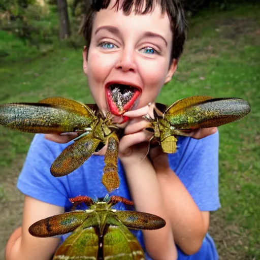 Image similar to portrait of very happy Rhianna eating gigantic bugs,