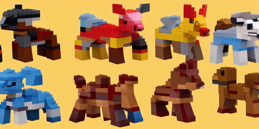 Prompt: small animals made of two or three bricks, four legged, quadrupedal, cute looking, kawaii, sharp focus, character sheet, game concept art, blocky, lego mixels