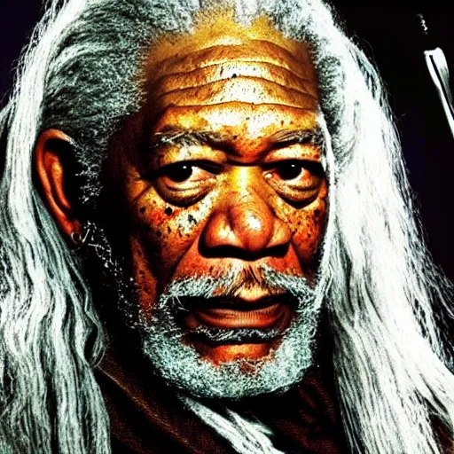 Prompt: morgan freeman starring as gandalf in lord of the rings, as an ugly titan, attack on titan, shingeki no kyojin, film still, wide open city