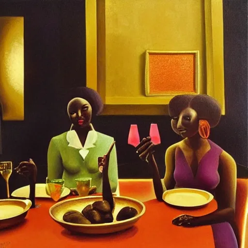 Image similar to dark skinned people eating at a regal buffet ultra detailed beautiful setting elegant event nigerian party minimalist gold ornaments iridescent lighting glamour in the style of edward hooper and henri matisse yinka shonibare oil painting