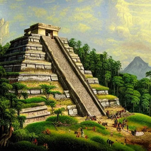 Prompt: A beautiful and highly detailed landscape painting of beautiful mayan temple in the mountains, detailed trees and cliffs, by Caspar Friedrich