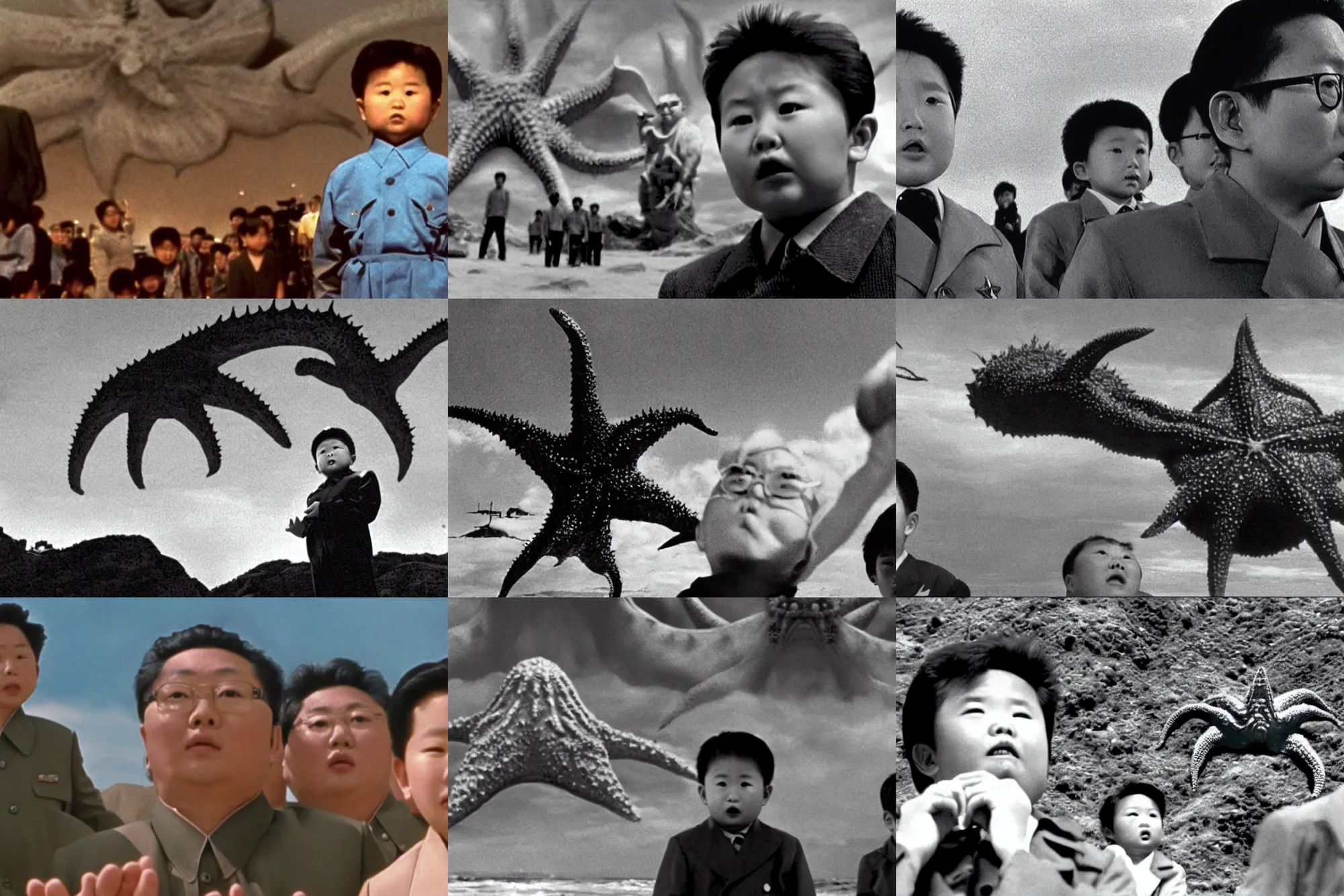 Prompt: a filmstill of a small Kim Jong-il in the foreground looking upwards toward a giant Kaiju starfish monster in the background, cinematography by Akira Kurosawa