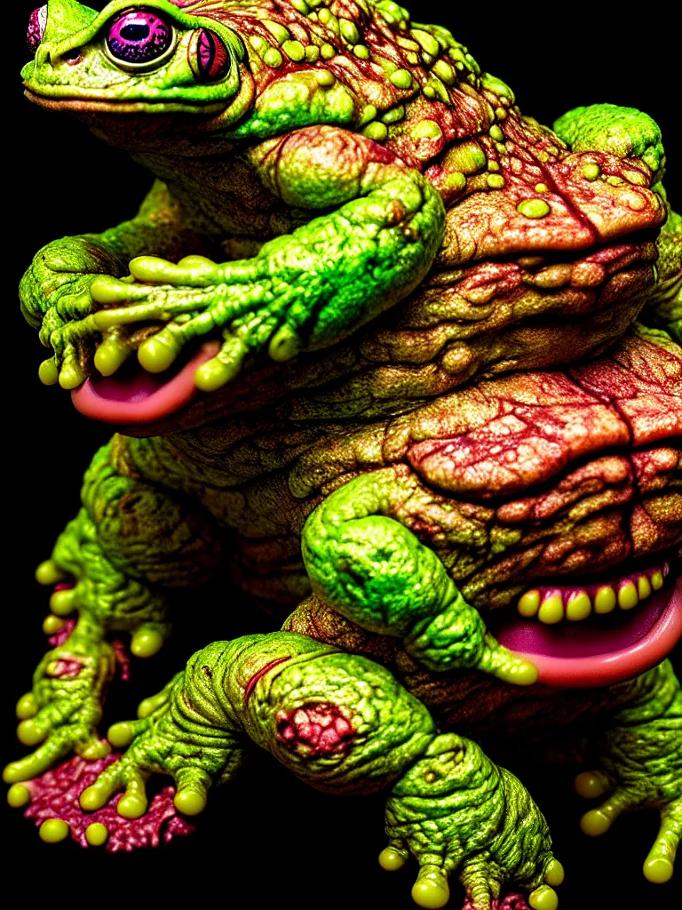 Image similar to hyperrealistic rendering, fat smooth cronenberg flesh monster toad kaiju by by art of skinner and richard corben, eyeballs, product photography, action figure, sofubi, studio lighting, colored gels, colored background