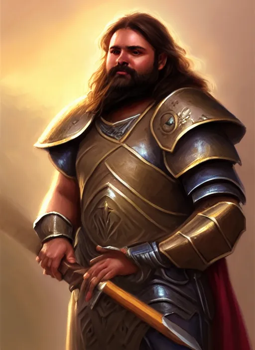 Image similar to a _ fantasy _ style _ portrait _ painting _ of light brown male holy paladin with long wavy brown hair chubby and beard, hammer weapon, rpg dnd oil _ painting _ unreal _ 5 _ daz. _ rpg _ portrait _ extremely _ detailed _ artgerm _ greg _ rutkowski _ greg