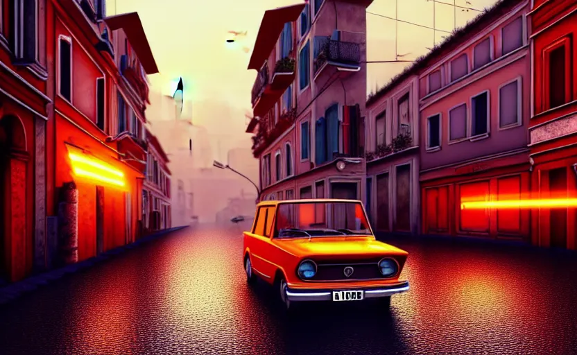 Prompt: lada 2 1 0 7 in street, rome style, small building, city, street, science fiction, cyberpunk, rain day, wide angle, 1 9 6 0 s, saturn in sky magic sunset, a lot of lights, cinematic lighting, high detail, digital painting, concept art, octane render, trending on artstation, trending on deviantart, 3 2 k