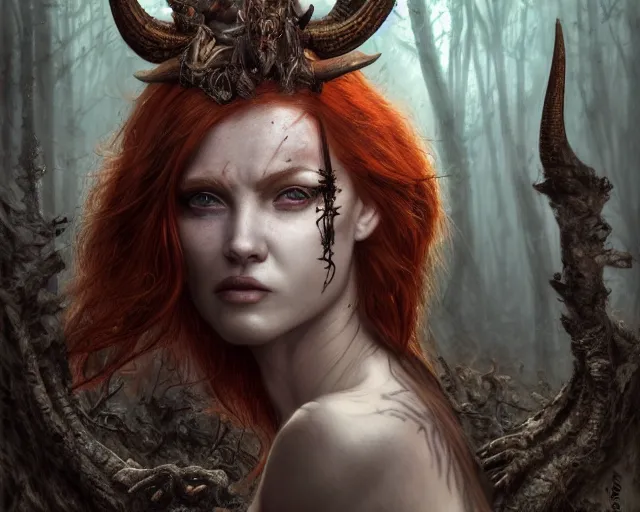 Prompt: 5 5 mm portrait photo of an armored gorgeous anesthetic redhead woman warrior with a face tattoo and horns growing from her head and a gargoyle sitting on her shoulder, in a magical forest in the style of luis royo. art by greg rutkowski. highly detailed 8 k. intricate. lifelike. soft light. nikon d 8 5 0.