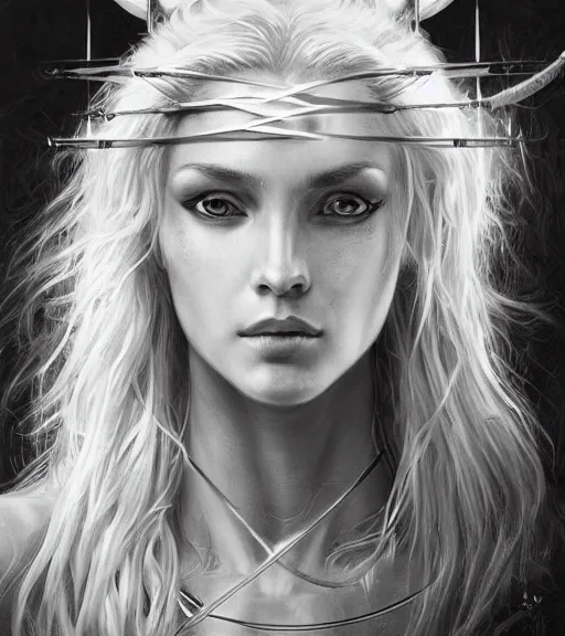 Image similar to medium shot of beautiful aphrodite goddess as an archer warrior, beautiful piercing eyes, flowing blonde hair, realistic face, black and white drawing, in the style of greg rutkowski, fantasy, amazing detail, epic, intricate, elegant, smooth, sharp focus