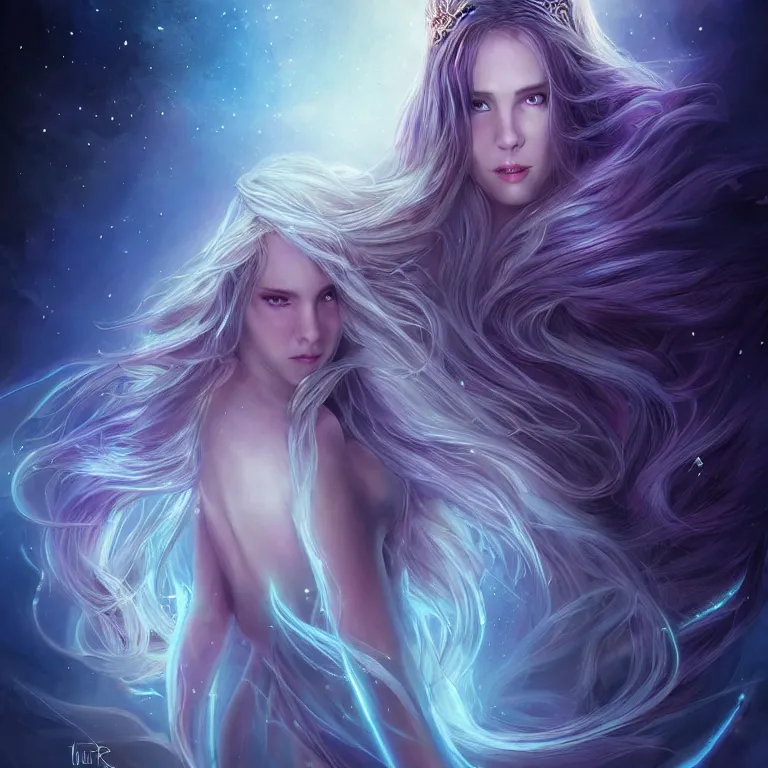 Prompt: beautiful cinematic fantasy poster a full body extreme long shot of a beautiful princess like a disney princess hybrid with flowing illuminated hair, beautiful glowing galaxy eyes, full subject in frame, wideshot ultrawide angle epic scale, hybrid from The Elden Ring and art direction by Darius Zawadzki ;by artgerm; wayne reynolds art station, coherent body and limbs; cinematic quality character render; low angle; ultra high quality model; production quality cinema model;