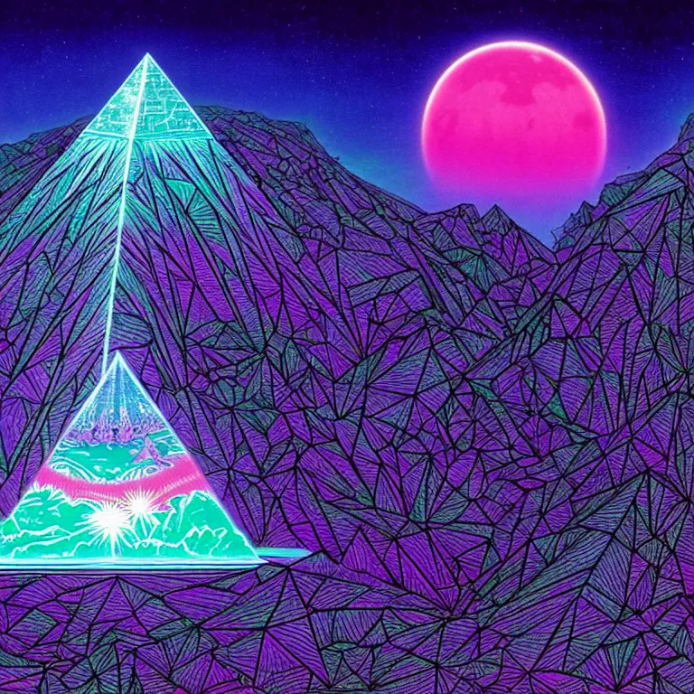 Prompt: mysterious ufo hovers over mythical crystal pyramid, fractal waves, pink ringed moon, bright neon colors, highly detailed, cinematic, eyvind earle, tim white, philippe druillet, roger dean, ernst haeckel, lisa frank, aubrey beardsley