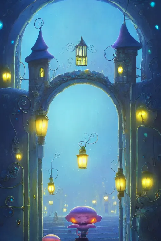 Prompt: a surreal Bioluminescent, very very very cute Sentient City Gates in a happy world by Daniel Merriam, Trending on Artstation, oil on Canvas by Elena Zhurikhina and Goro Fujita and Charlie Bowater, octane render, 4k, 8k, HD