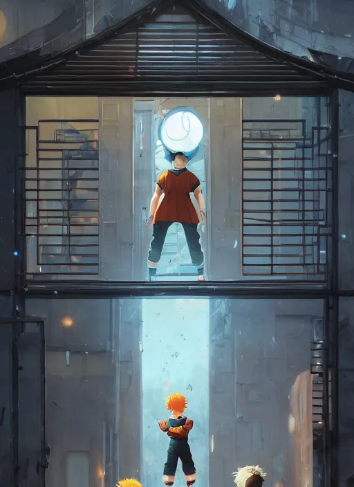 Image similar to highly detailed krillin standing outside building with a window with metal bars and naruto uzumaki with black hair behind them art by greg rutkowski, loish, rhads, ferdinand knab, makoto shinkai and lois van baarle, ilya kuvshinov, rossdraws, tom bagshaw, global illumination, radiant light, detailed and intricate environment