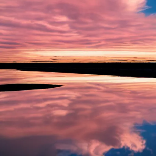 Image similar to dreamland blush colored sky with light feathery pink clouds on a reflective waveless flat open ocean reflecting the sky