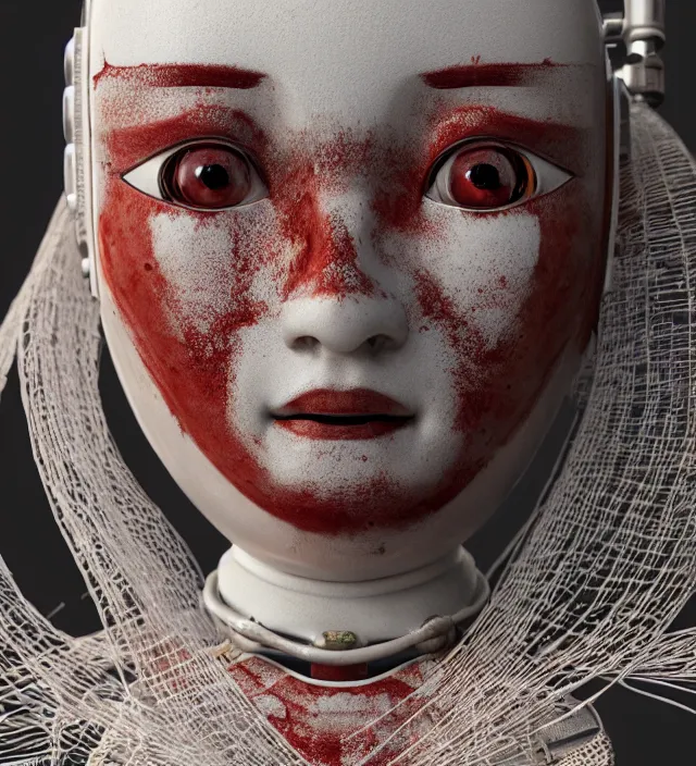 Image similar to portrait of a slightly rusty japanese robotic geisha with wires and actuators, porcelain white face, dramatic lighting, hyper - realistic, ultra - realistic, intricate details, 8 k ultra high definition, octane render