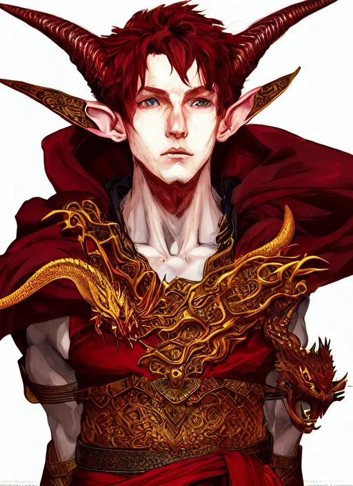 Prompt: Half body portrait of a handsome young red haired elven monk prince with dragon eyes, staff and red and golden ornate dragon robe. In style of Yoji Shinkawa and Hyung-tae Kim, trending on ArtStation, dark fantasy, great composition, concept art, highly detailed.